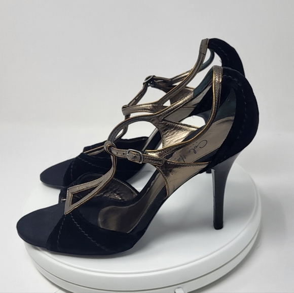 Cole Haan Black Velvet & Brassy Gold Open Toe Stilletto T-Strap Heels - Picture 11 of 16
